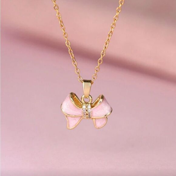 Gold Necklace with Pink Bow Pendant Q541 - Picture 2 of 6